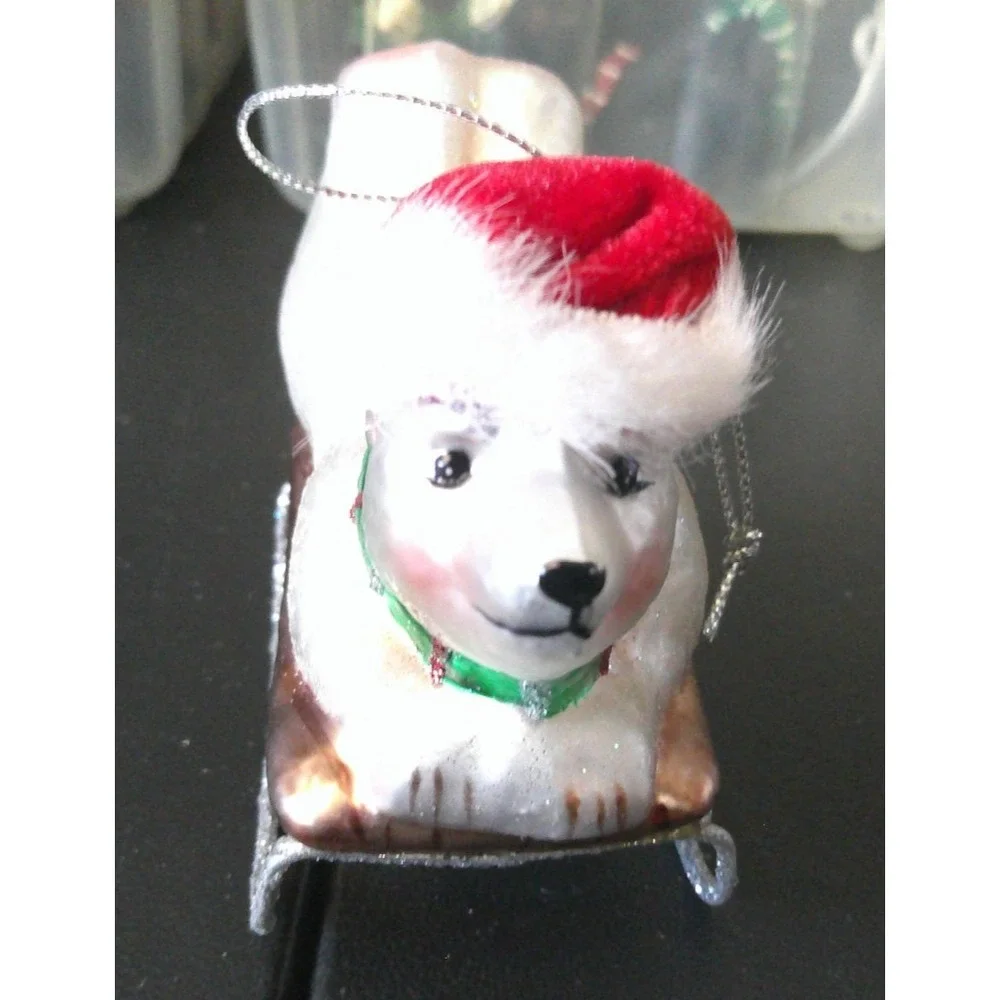 White Polar Bear Green‎ Scarf Sledding Glass Christmas Tree Holiday Ornament